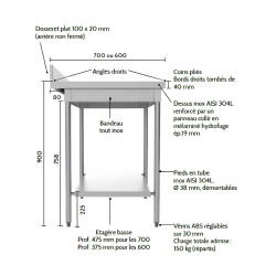Table démontable L60/70/80 cm centrale ou dosseret sur roulettes ou vérins