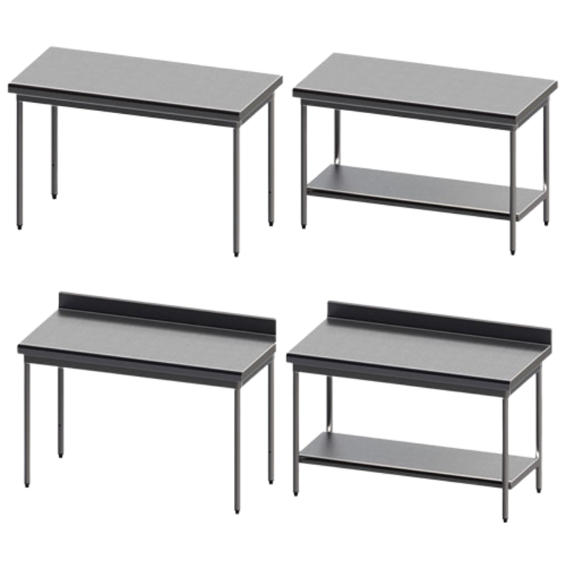 SOFINOR - Tables démontables P60 cm H90 cm dosseret + étage basse sur vérins rayonnées GRANDE CUISINE
