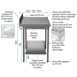 SOFINOR - Table à dosseret P60 L60 à L220 cm démontable sur roulettes chape polyamide