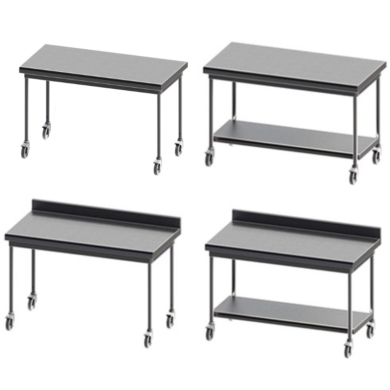 SOFINOR - Table à dosseret + étagère basse P60 L60 à L220 cm démontable sur roulettes chape polyamide