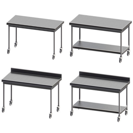 SOFINOR - Table à dosseret + étagère basse P60 L60 à L220 cm démontable sur roulettes chape polyamide