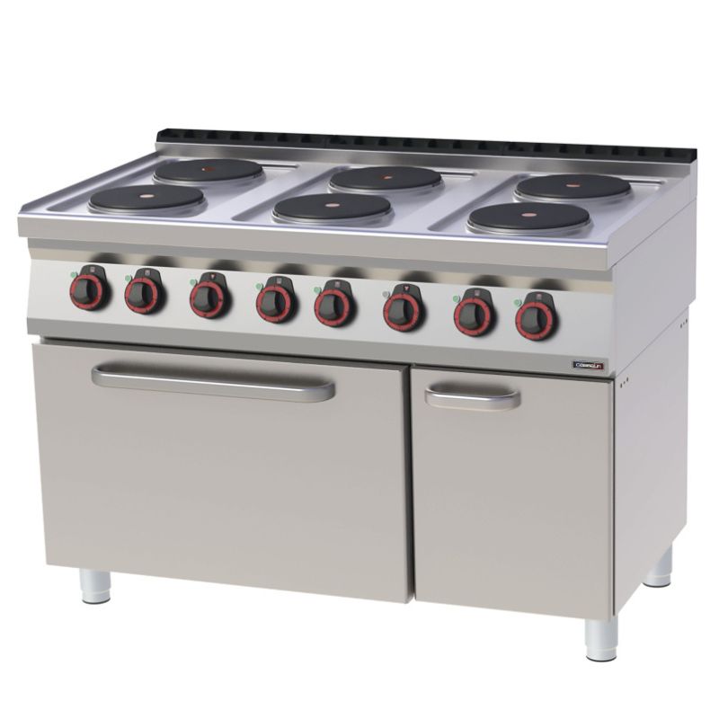 FOURNEAU ÉLECTRIQUE 6 FEUX AVEC FOUR ÉLECTRIQUE STATIQUE GN 2/1 120