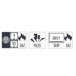 FOURNEAU GAZ 2 FEUX + 1 PLAQUE COUP DE FEU AVEC FOUR ÉLECTRIQUE GN 2/1 HP 80