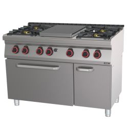 FOURNEAU GAZ 4 FEUX + 1 PLAQUE COUP DE FEU AVEC FOUR ÉLECTRIQUE STATIQUE GN 2/1